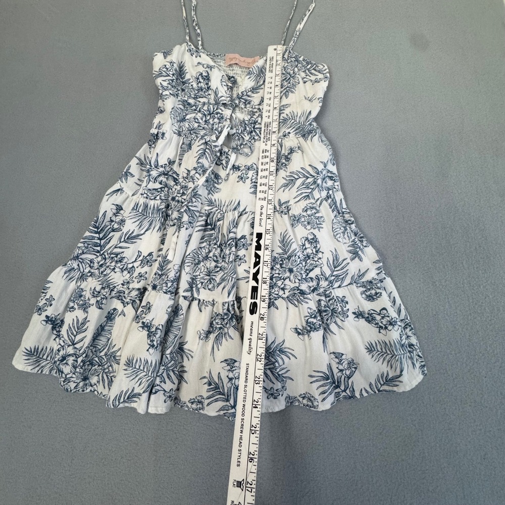 Gypsy and Gold Mini Dress Sz Medium Tropical Floral Summer Tiered Sun White Blue - Picture 5 of 9
